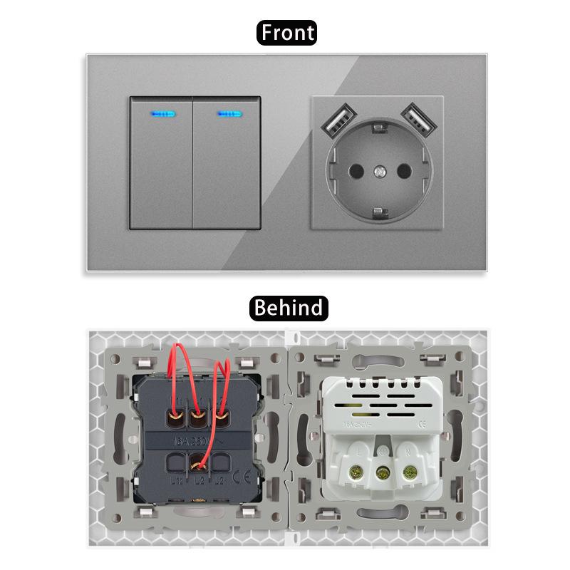 European Style Type 157 16A USB Wall Socket with LED Light, Glass Finish.