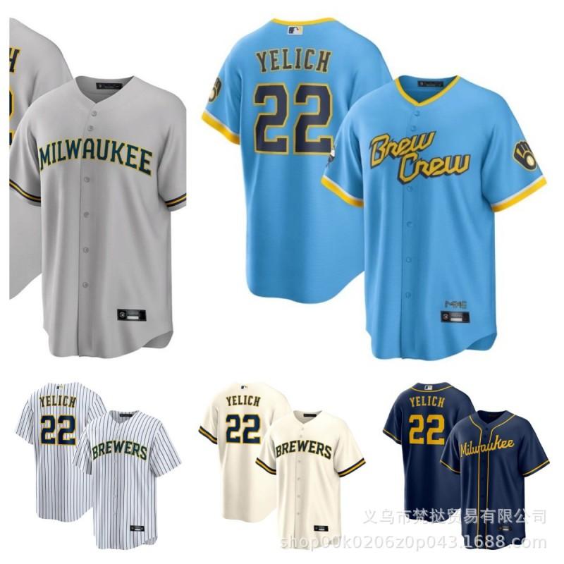 Men Women Unisex Baseball Jersey Shirt Yelich 22 Milwaukee Brewers Fan Apparel Short Sleeve Cotton V-Neck Sport Tee