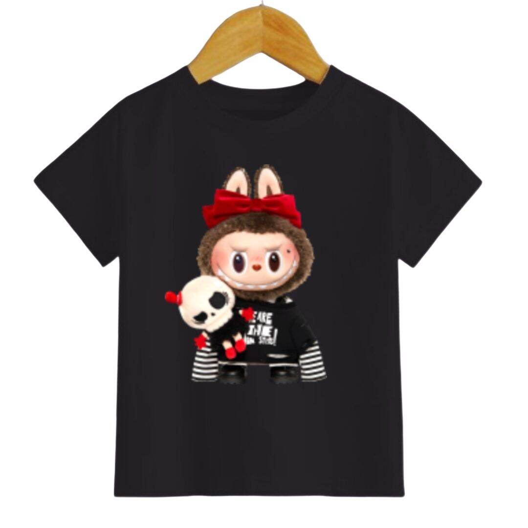 

Летняя популярная детская футболка Черный Лабубу Милый принт Девочка Круглый вырез Короткий рукав Повседневный детский топ 100
