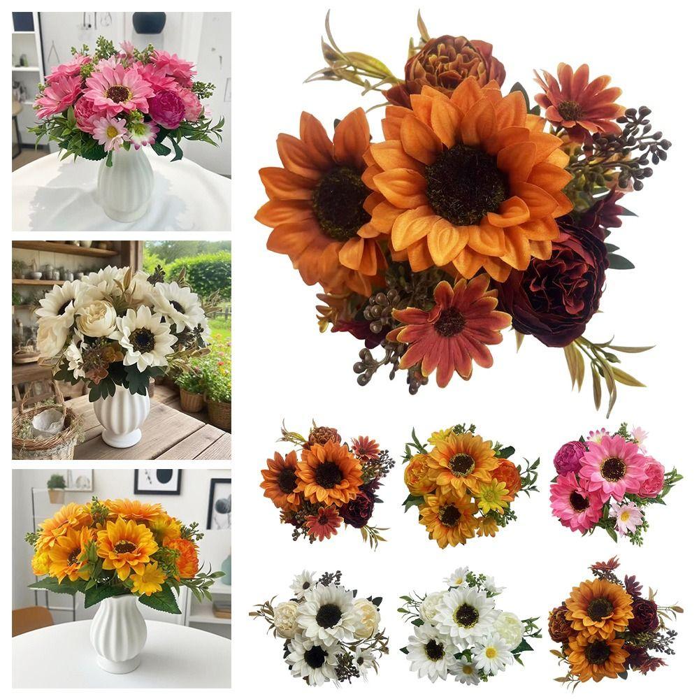 Multicolor Sunflower Artificial Flower Green Leaves DIY Simulation Sunflower Desktop Ornament Photo Props
