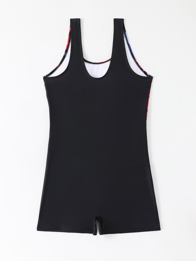 2026 Women's Sporty One-Piece Boyshort Swimsuit - European & American Printed Edition, Conservative Beach Swimwear