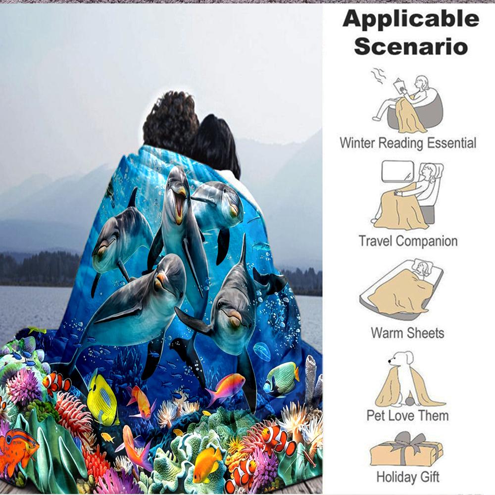 1Pc Oceanic Dolphins Fishes Blanket Soft And Comfortable Casual Warm Camping Travel Christmas Halloween Xmas Gift Em92410