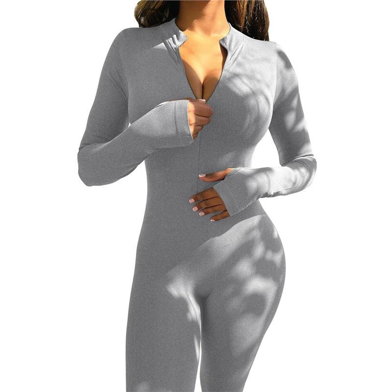 Women's Ribbed Elastic Slim-fit Long Sleeve Sport Yoga Jumpsuit with Invisible Zipper