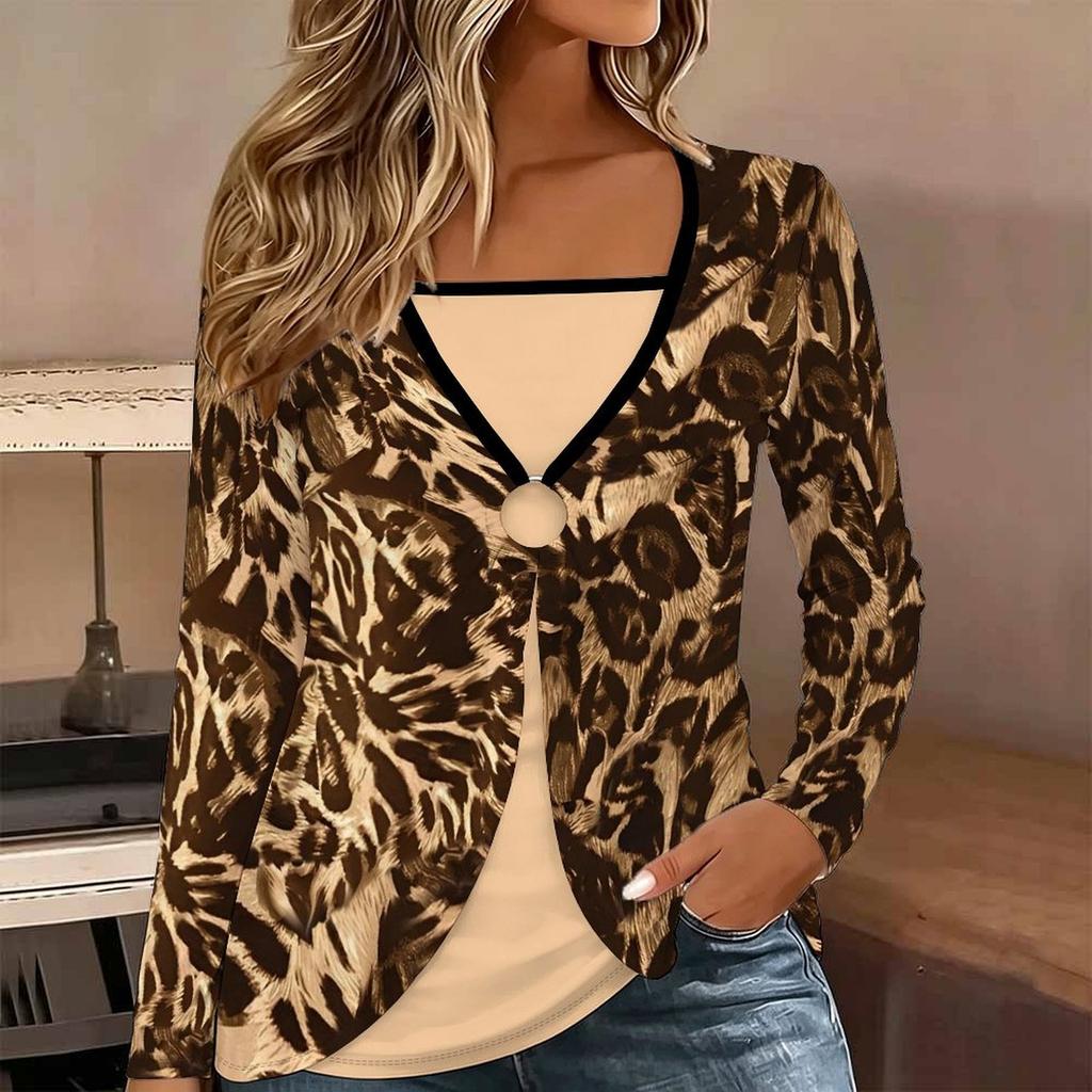 Tops for Women Leopard Print Long Sleeve Fake Two‑Piece Top Fall Casual Slim Pullover Women's Long Sleeve Top