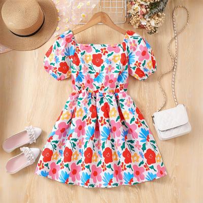 Dress For Girls 8-11Y Birthday Korean Style Fashion Floral Print Princess Dress - Casual Short Sleeve Tropical Vacation Puff Sleeve Dress