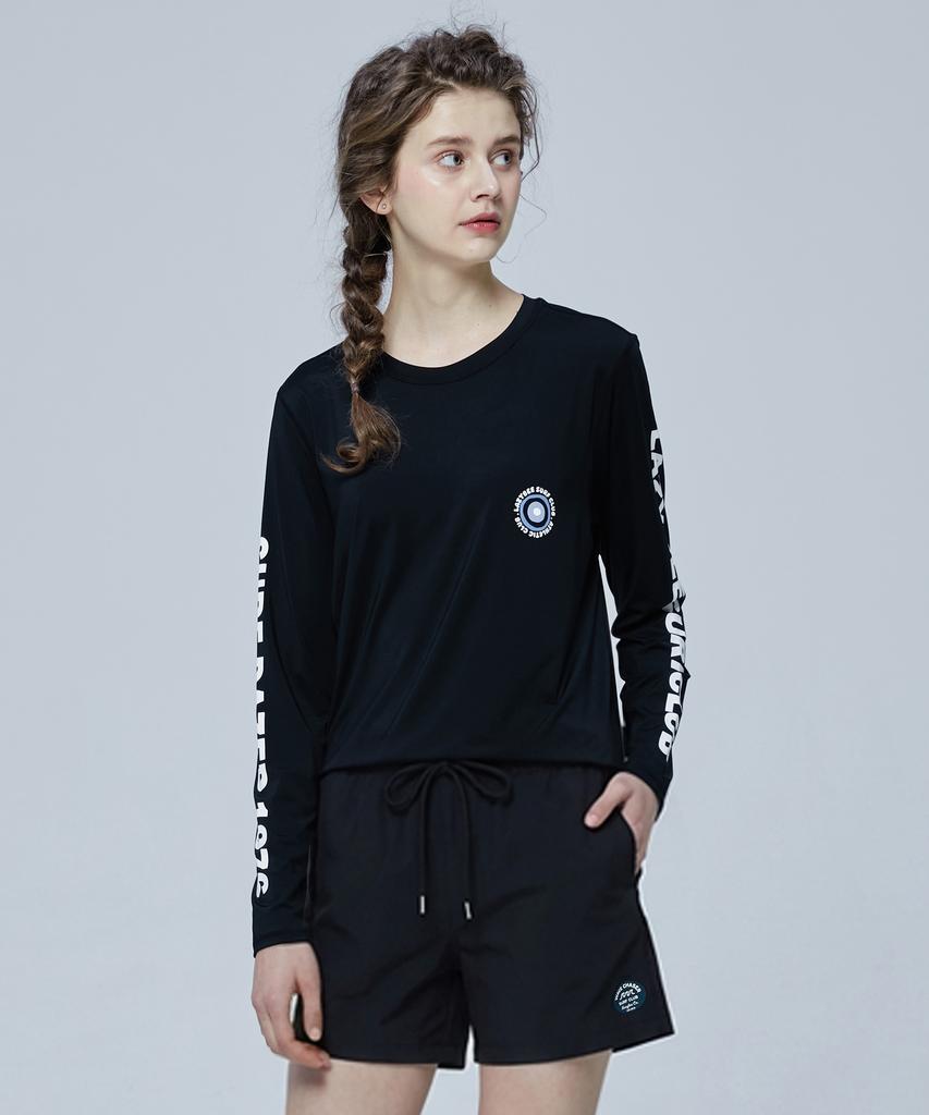 Leijibi [Set] Lettering Loose Fit Long Sleeve Rash Guard + Swim Shorts Set W Black