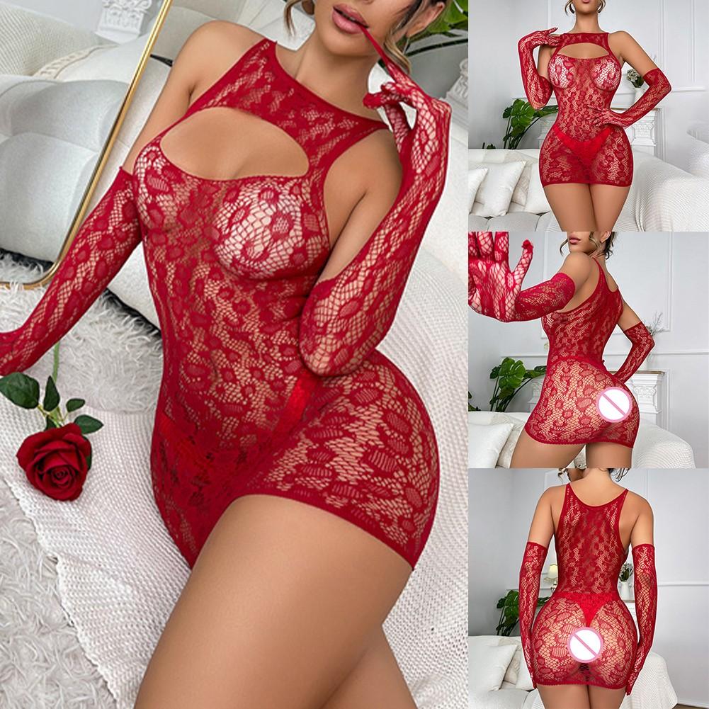 Women's Red Sexy Lingerie Set with Net Dress and Gloves for Passionate Nights