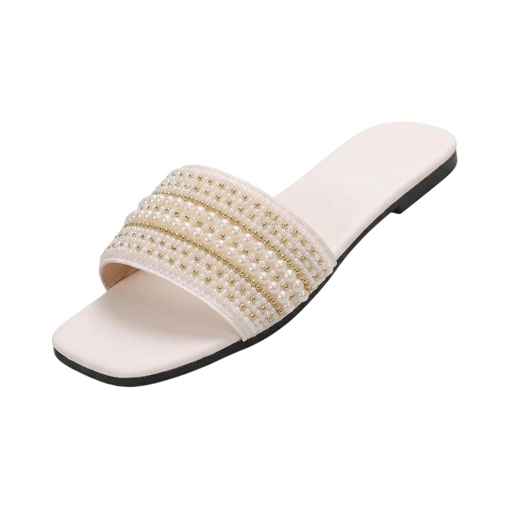 Large size flat slippers for casual wear, colored pearl one-piece women's slippers