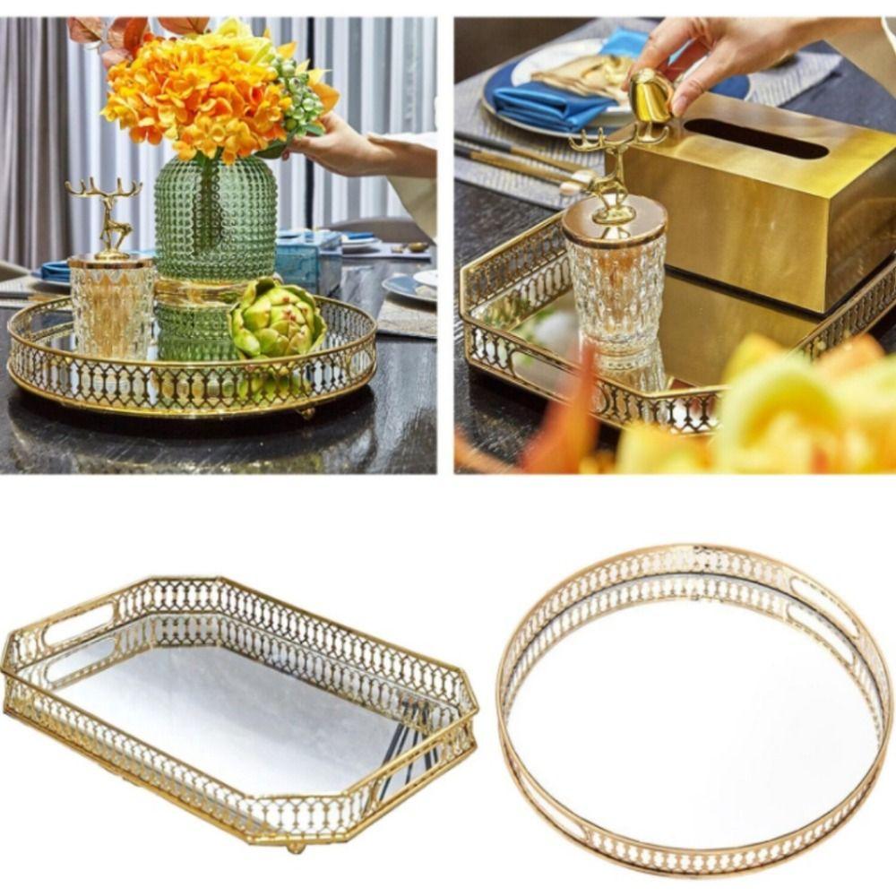 Gold Metal Jewelry Tray Round Makeup Snack Tray European Mirror Storage Tray Bedroom Living Room
