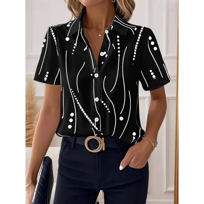 2026 Summer Women's simple  Dot Line Pattern Shirt Lapel Collar Short Sleeve Casual Button Up Shirts for Outfits Women Clothing
