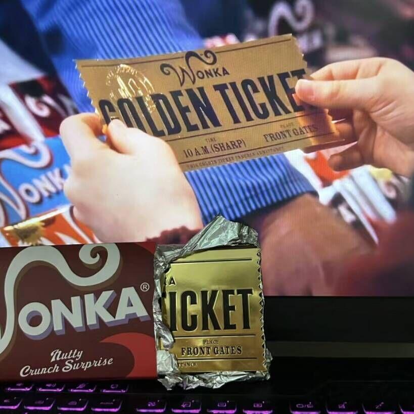 Hot Anime Wonka Charlie Chocolate Golden Ticket Anime Gold Voucher Brooch Pin Badges Metal Pins Bookmark Collection Holiday Gift