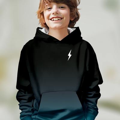 Boys' Stylish Gradient 3D Print Hoodie - Breathable, Stretch Knit, Easy-Care Long Sleeve Pullover with Pockets