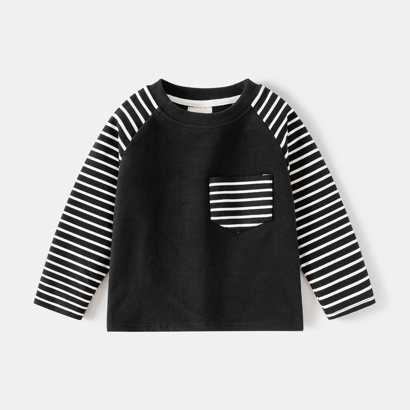Children s Long-Sleeved T-Shirt, Spring and Autumn Kidsren s Clothing, Boys  Raglan Sleeve Base Shirt, Boys  Striped Patchwork Sleeve Top Black 90