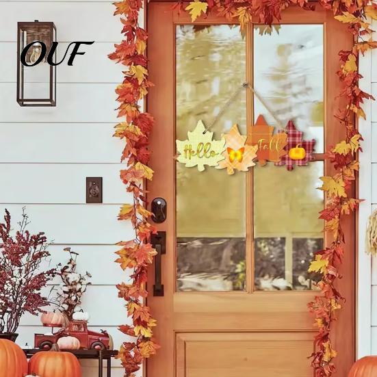 Holiday Hanging Welcome Plaque Autumn Sign with Rope for Front Door, Rustic Maple Leaf Shape Wood Thanksgiving Home Wall Art Decor Pumpkin And