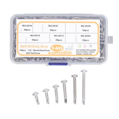 Assortiment de 140 vis cruciformes à tête ronde M4.2, filetage profond, acier inoxydable 410, vis auto-perceuses