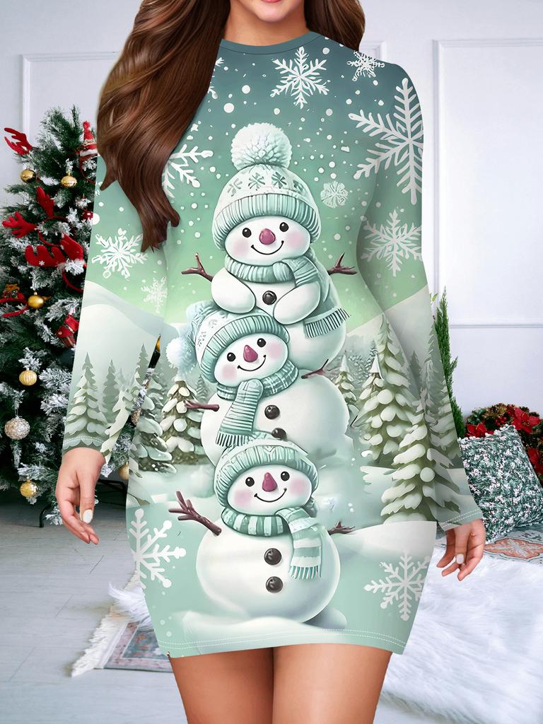 2025 Autumn and Winter New Women's Hip-wrapped Dress,3D Snowman Printing and Dyeing Women's Fashion Long-sleeved Round Neck Sexy Hip-wrapped Dress