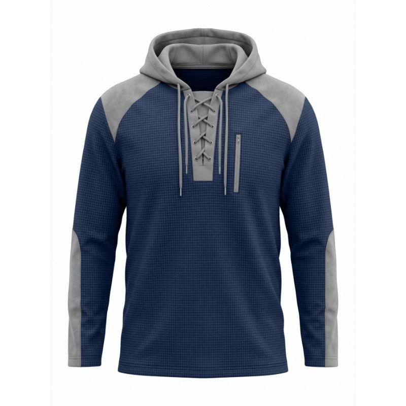 Men Waffle Color Block Long Sleeve Casual Sports Hooded Sweatshirt S