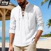 Men's White Lace-Up V-Neck Long Sleeve Shirt - Lightweight Casual Resort Top for Summer Holiday