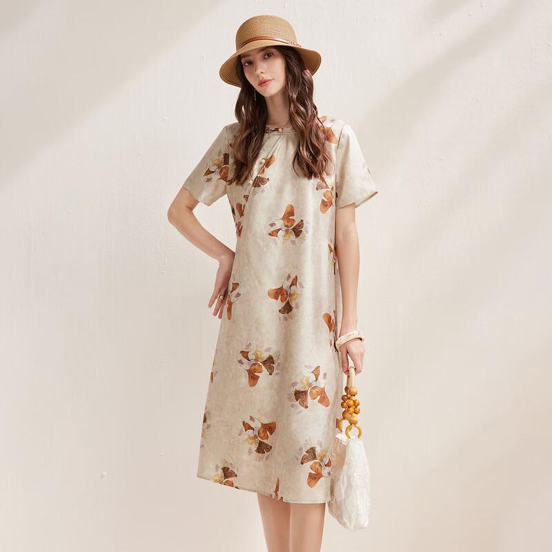 Zhaojun Women's Mulberry Silk Ginkgo Print Short-Sleeve Dress