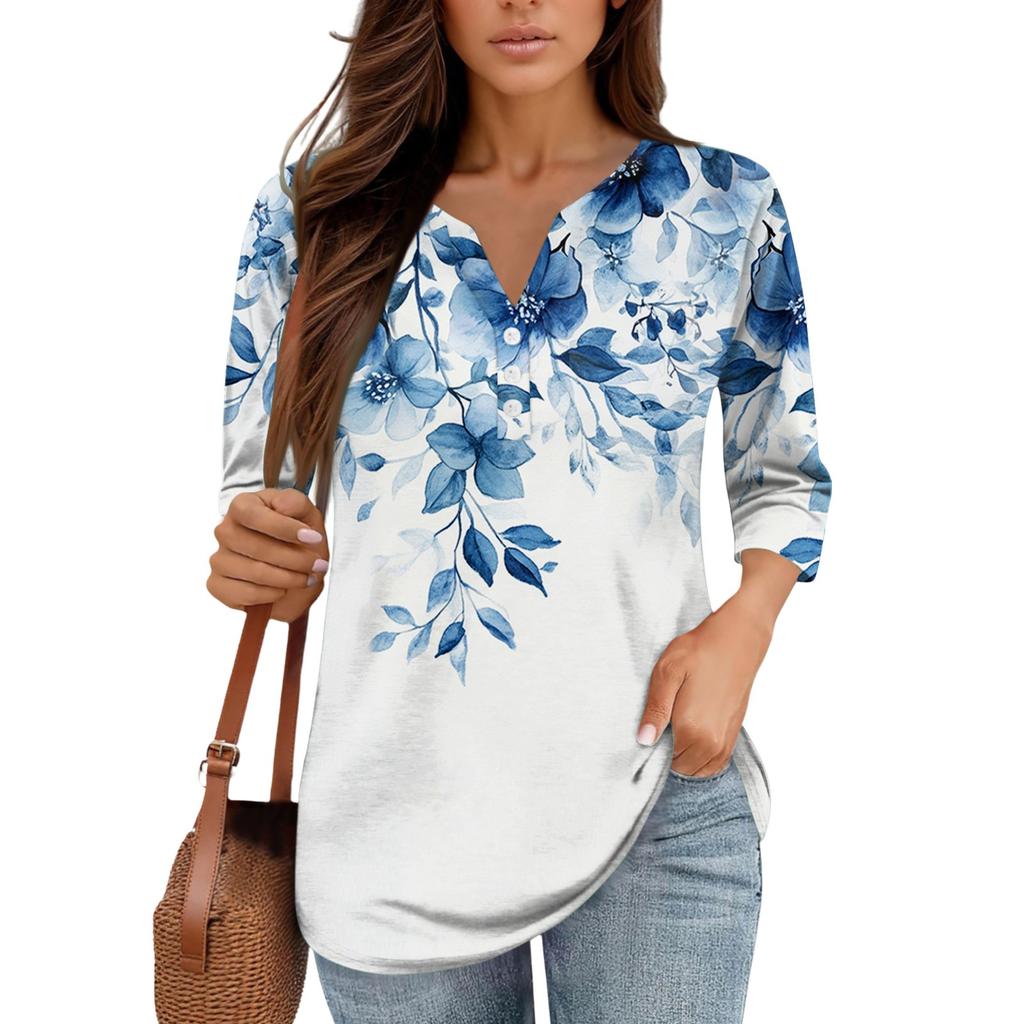 3/4 Length Sleeve Women's Tops Print Vintage Fashion Casual Loose With V Neck Plus Size Shirts Tops