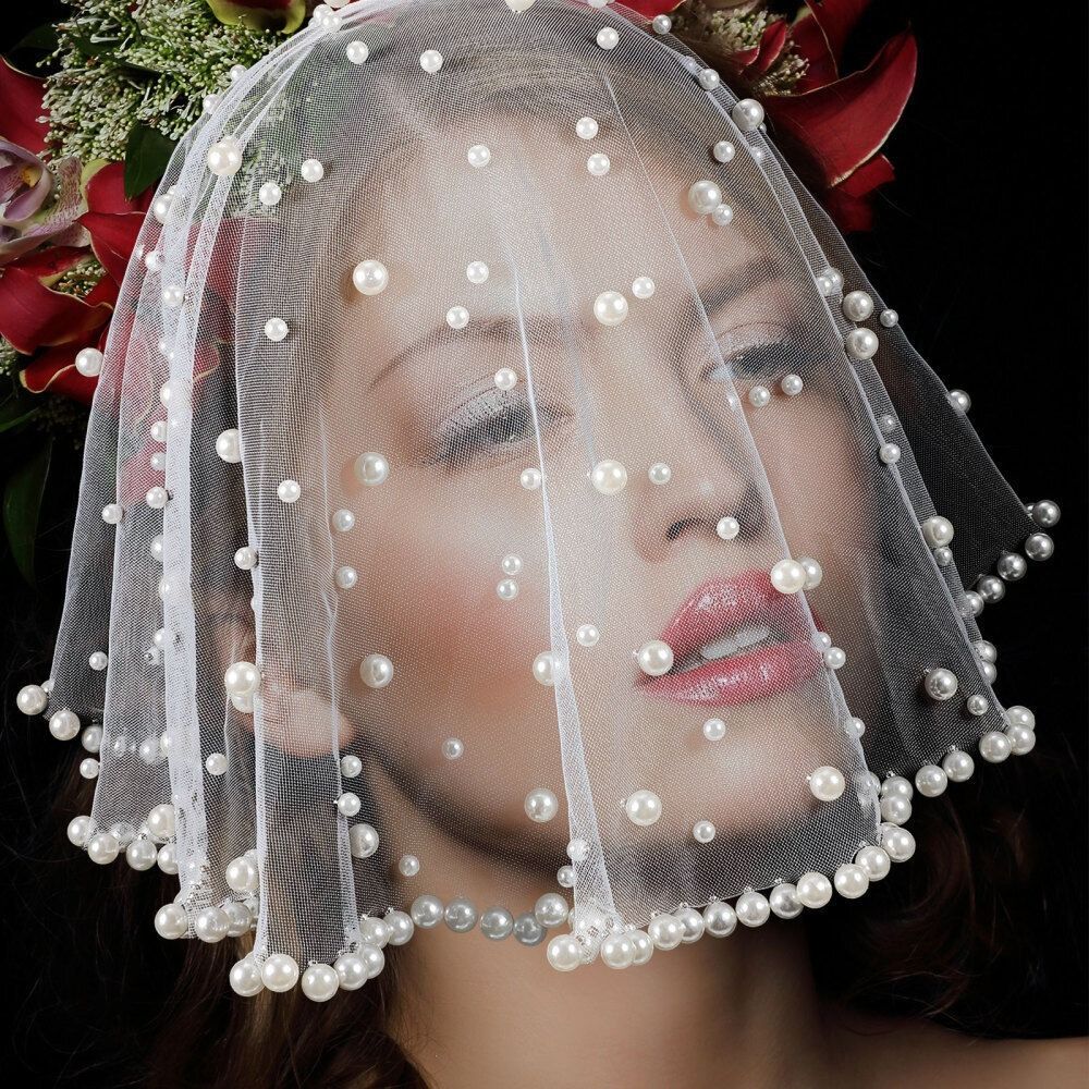 French Wedding Veils Pearls Beads Bride Head Gauze Fashion Brides Veil  Bride Accessories