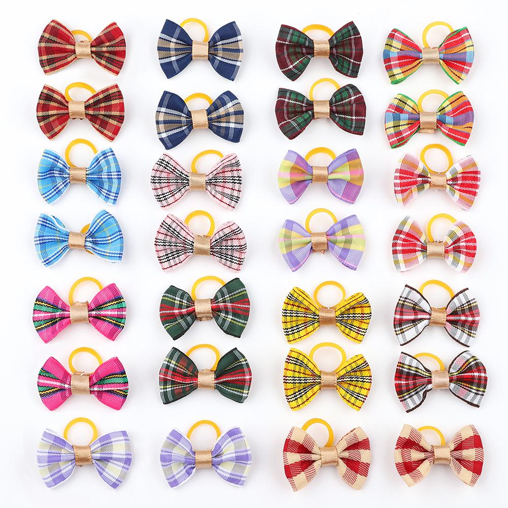 100pcs Pet Accessories Grid Dog Hair Bows Fashion Cute Dog Bows Rubber Bands Pet Hair Bow Ties Decoration for Dog Accessories