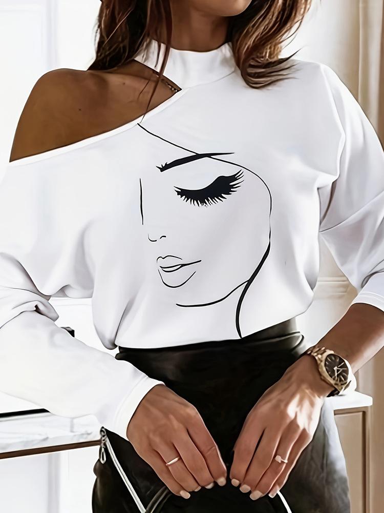Women S Long Sleeve Off Shoulder Portrait Print T Shirt S белый