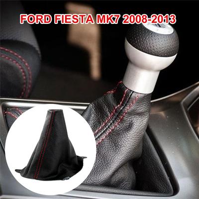Für Ford Fiesta Mk7 2008-2013 Rote Naht Schwarzes Leder Schalthebelknauf Abdeckung Gamasche Innenzubehör Schalthebelmanschetten