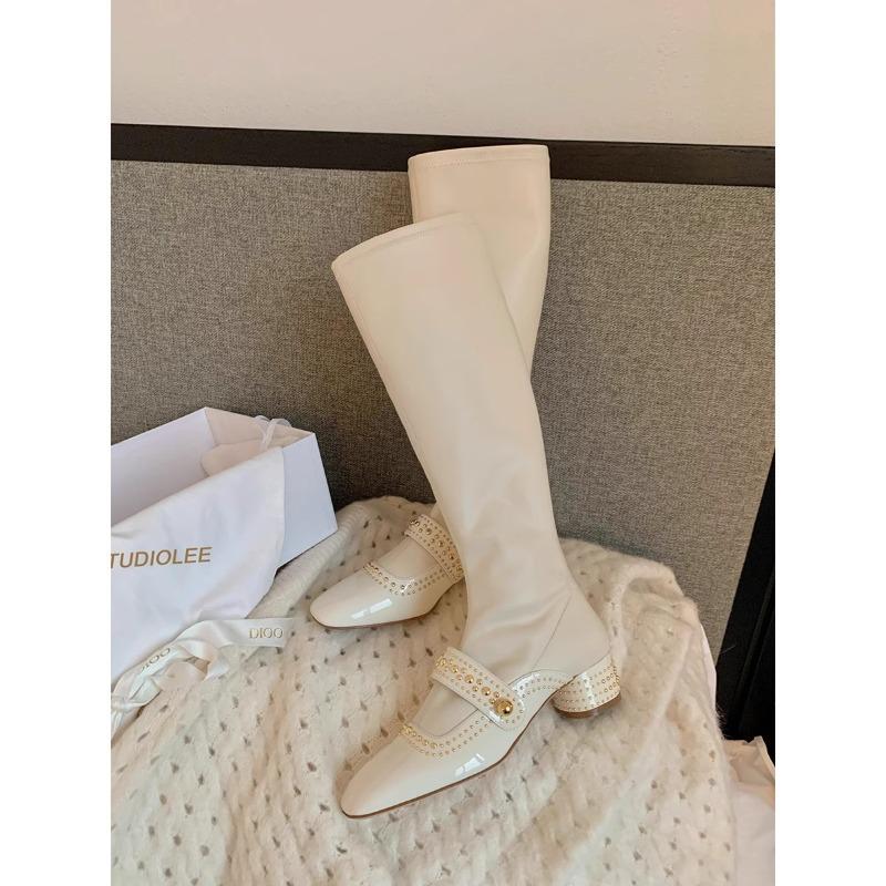 

Cowhide temperament square head rivet leather high-heeled boots elastic thin long boots women s Xiaoxiang thick heel long knight boots 40