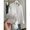 Hollowed-out lace hem pure cotton round-neck long-sleeve T-shirt for women, 2026 spring elegant Korean-style base shirt top