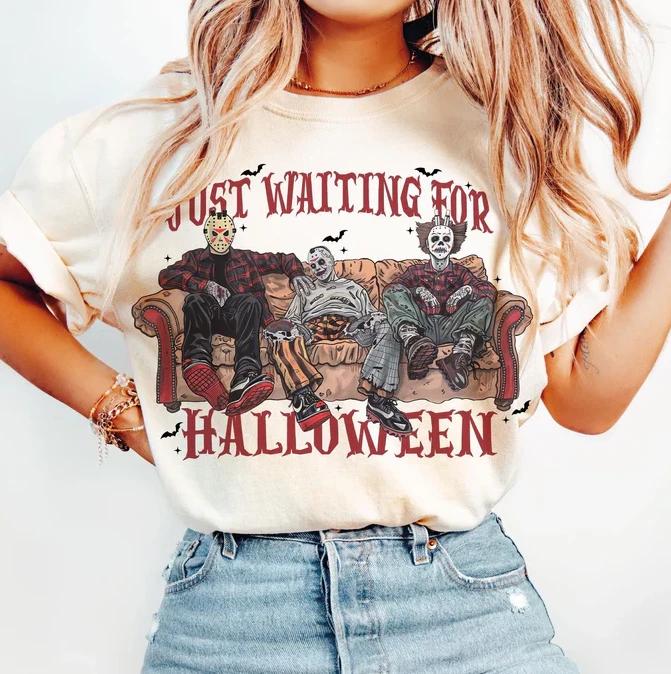Just Waiting For Halloween Horror Movie Characters Shirt, Horror Movie Fan Gift M