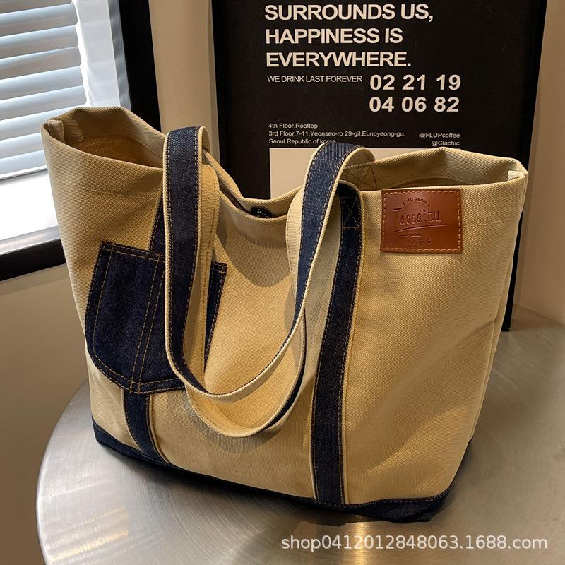 Casual Splicing Canvas Bag Women's 2025 New Large-capacity Fashion Commuter Bag Korean Version Popular Shoulder Bag
