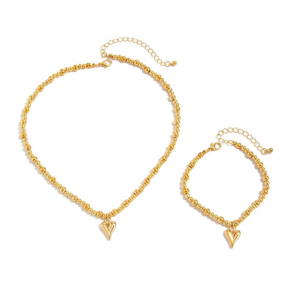 Ingemark 2Pcs/Set Delicate Tiny Heart Pendant Choker Necklace Beads Chain Bracelets for Women Wedding Bridal Party Jewelry Set