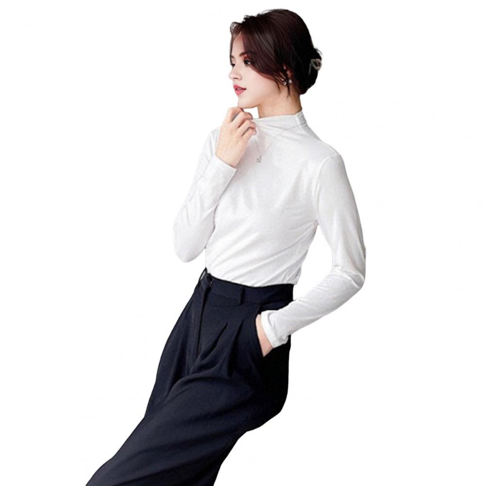 Soft Long Sleeve Blouse Stylish Women's Long Sleeve Tops Slim Fit Half-high Collar Shirt Solid Color Bottoming for Daily for A