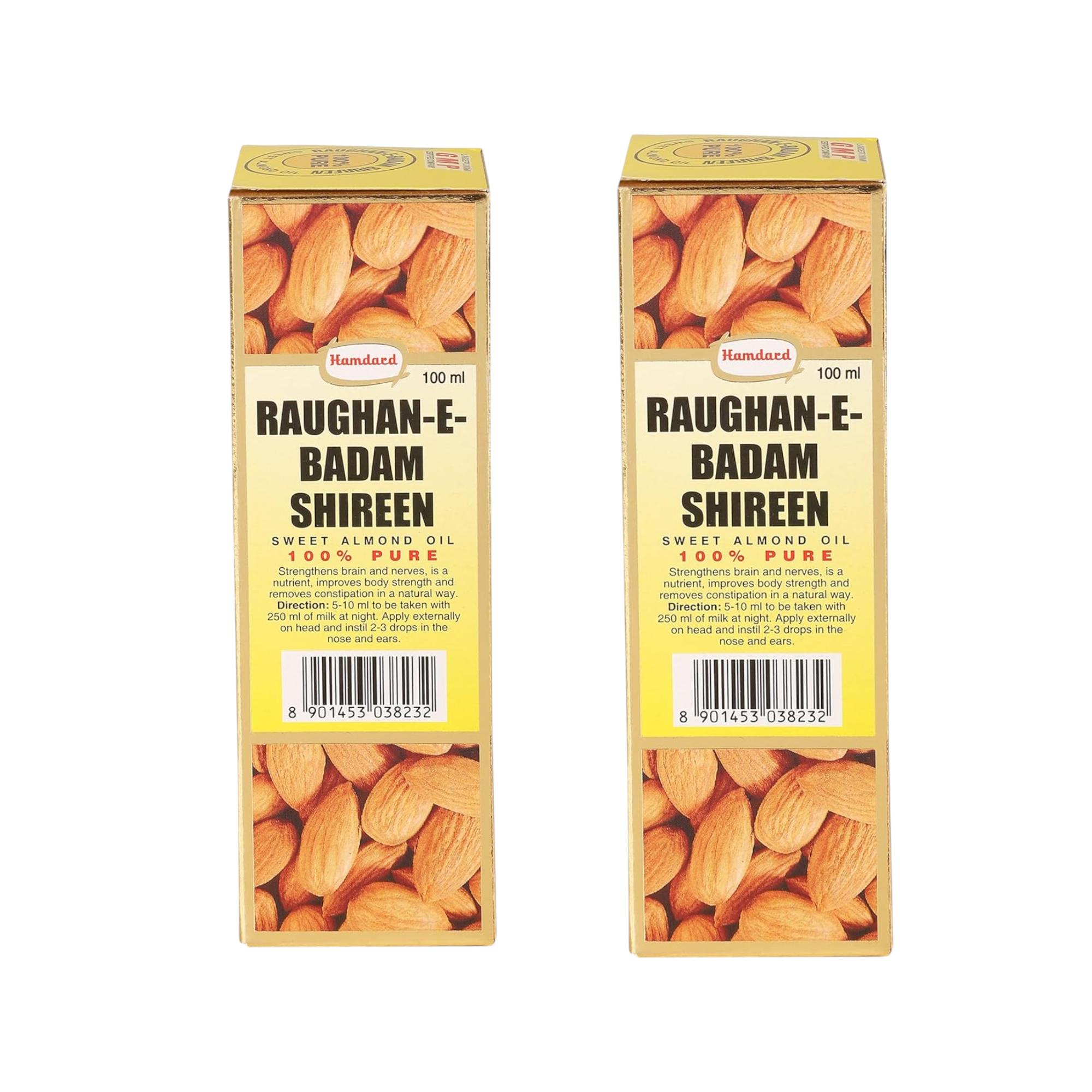 Hamdard Raughan-E-Badam Shireen Sweet Almond Oil 100ml x Pack Of 2 for Skin, Hair & Body Care