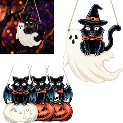Front Porch Holiday Sign Halloween Wooden Door Hanging Sign, Black Cat Bat Pumpkin Wall Plaque with Easy Hang Decoration Jute Rope, Farmhouse