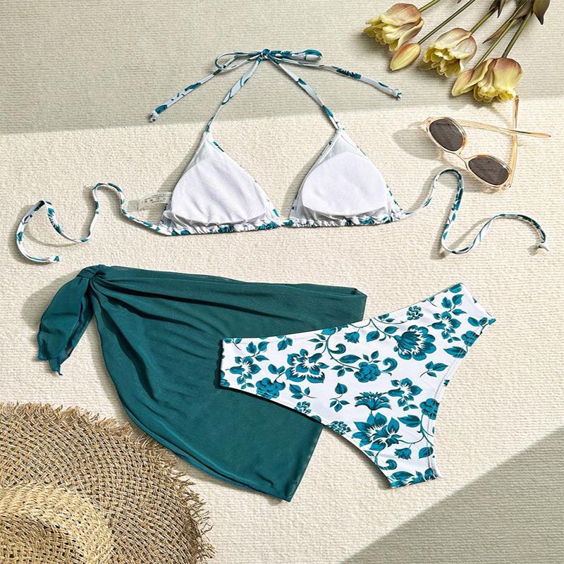 2025 European & American Print Lace-Up Bikini: Sexy Three-Piece Swimsuit Women's Beachwear