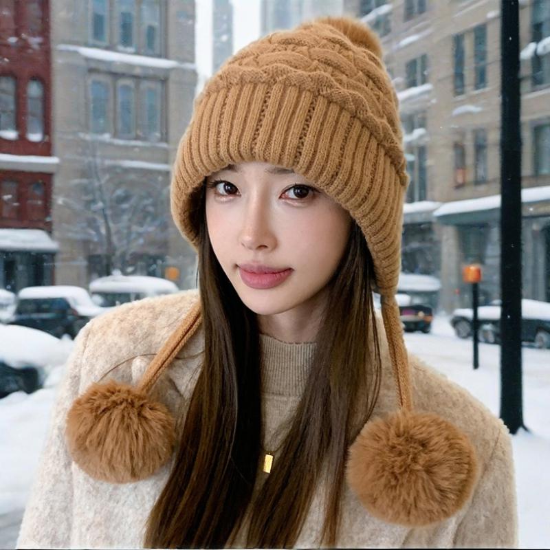 Lazy Wind Thickened Double-layer Ear Protection and Cold-proof Three-fur Ball Rabbit Fur Hat Plus Velvet Face Protection Knitted Hat