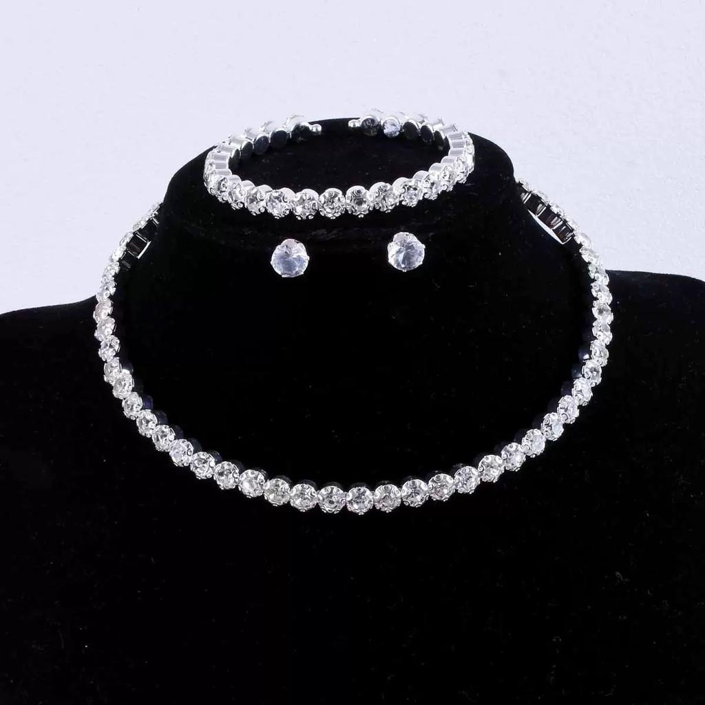 1/2 Row Rhinestone Gold and Silver Set Collar Earrings Bracelet High-end Atmosphere