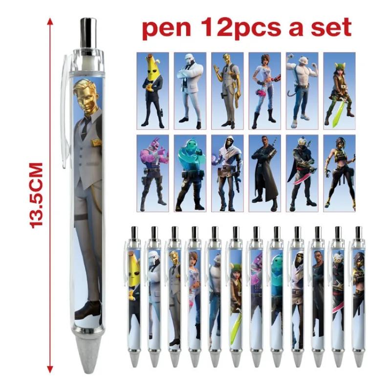 12pcs/set Fortnite Shooting Game Peripheral Ballpoint Pen Set Cartoon Anime Print Student Stationery Office Signature Supplies