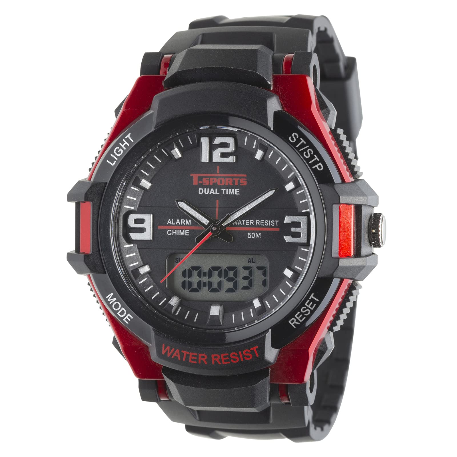 

[Clefa] Ana-Digi Red Waterproof Multifunctional Stopwatch with Light Urethane Strap 190840 Men s Black