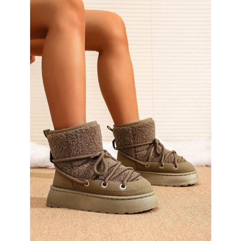 Women's New Winter Fleece Lined Thickened Elevated Chunky Sole Lace Up Fashionable Warm Cotton Boots