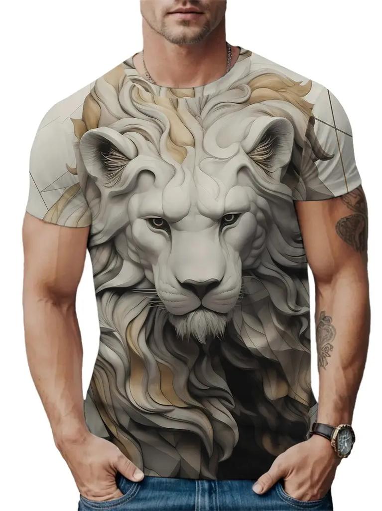 3D Plus Size Men's Lion Print T-shirt Summer Short Sleeve Crew Neck Tees Shirts For Men New In Animal Lion Graphic Tshirts Tops