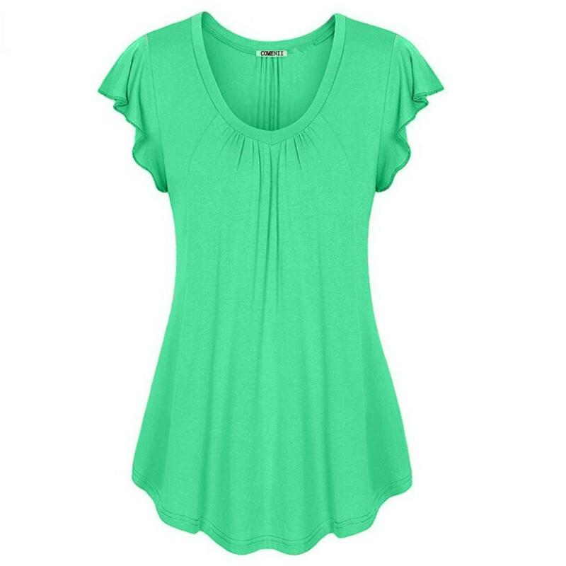 MAITA Outdooor Women Solid Row Pleats Ruffled Ruched Round Neck Short Sleeve Irregular T -Shirt Tops