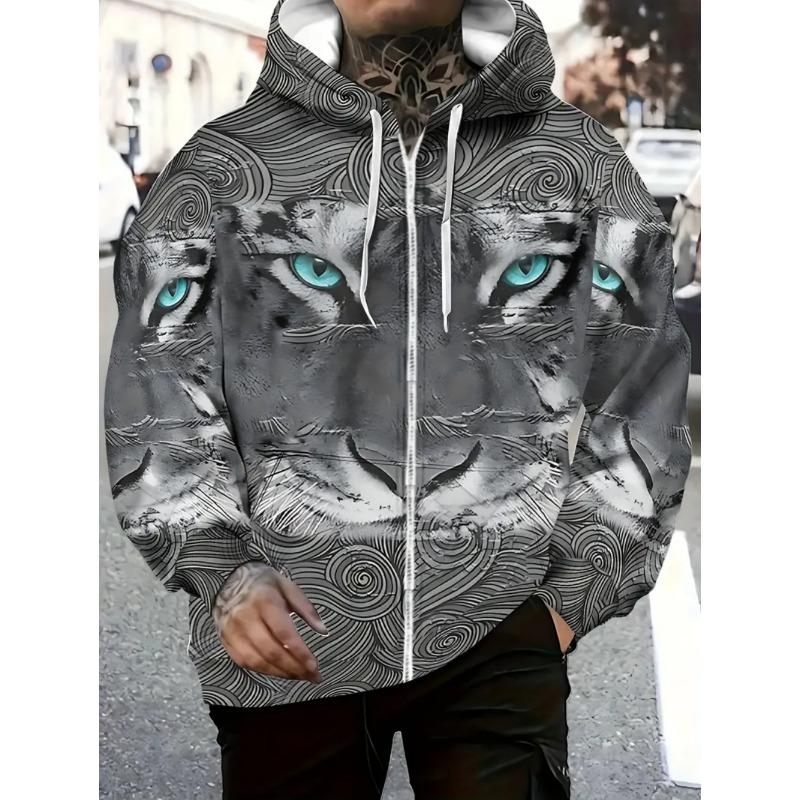 Herren Kapuzenpullover mit Reißverschluss und Tiger-Grafik, Langarm, Lässiger Outdoor-Mode-Mantel mit Kordelzug und Taschen, Reißverschluss-Kapuzenpullover für den Mann