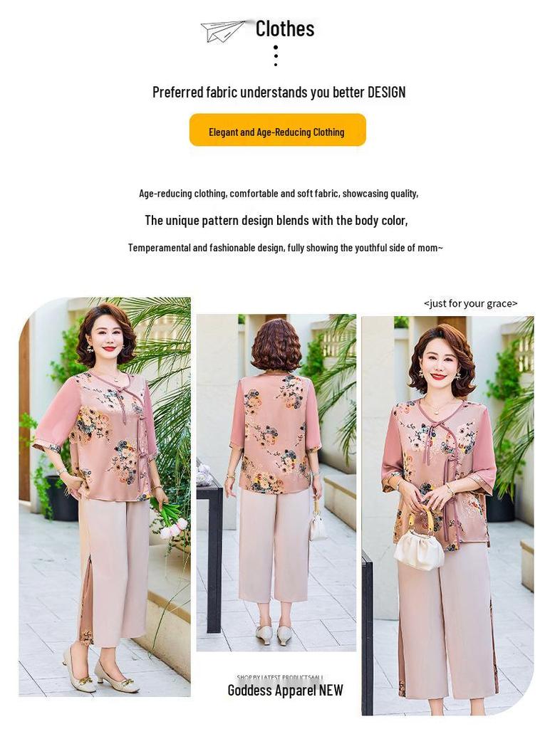Elegant Chinese-Style Summer Two-Piece Outfit for Moms