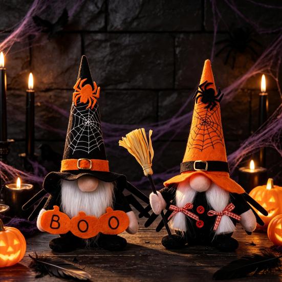 Reusable Festival Tabletop Decor Halloween Gnome Decoration, Spooky Orange Black Spider Web Boo Swedish Tomte Gift for Kids Adults Elf Figurine, Plush