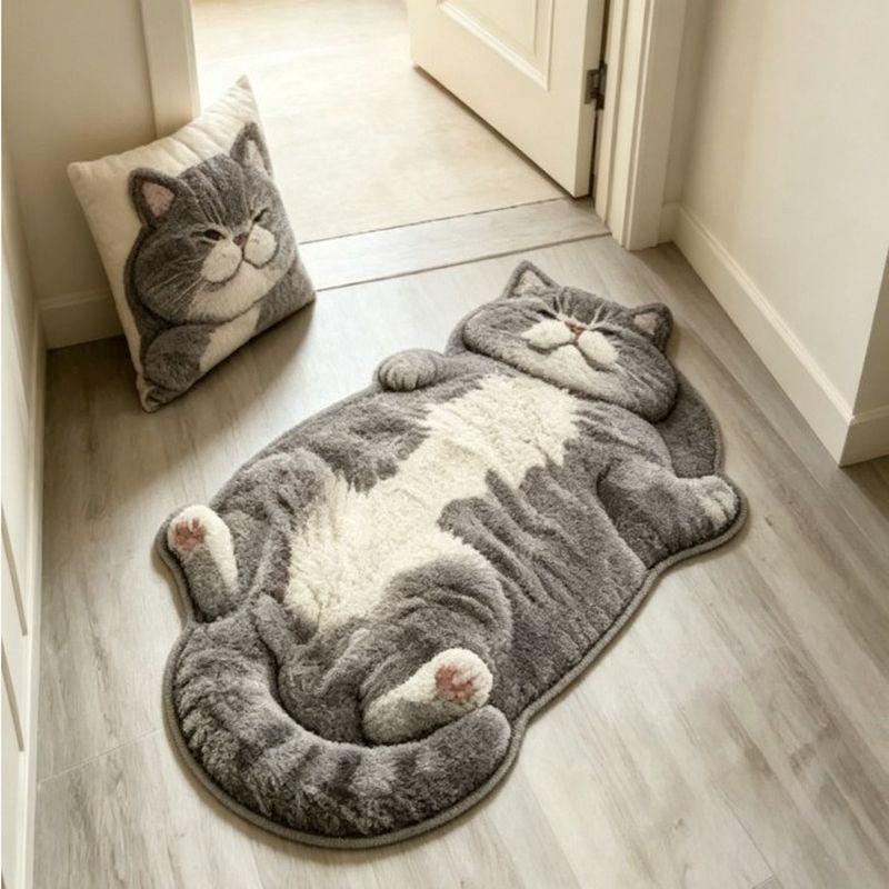 Cute Cat Shaped Plush Area Rug Washable Anti Slip Alfombra For Bedroom Bay Window Dressing Table Pet Lover Home Decor