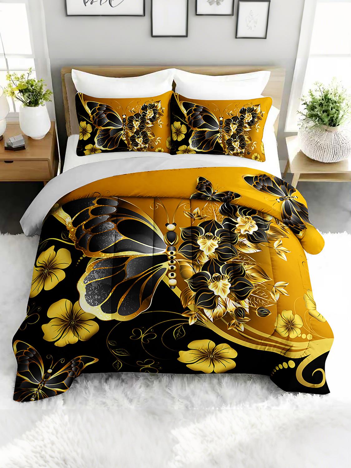 

3PC Golden Butterfly Floral Comforter Set with 2 Pillowcases - Elegant Bedding Duvet Set for Bedroom Or Guest Room Twin