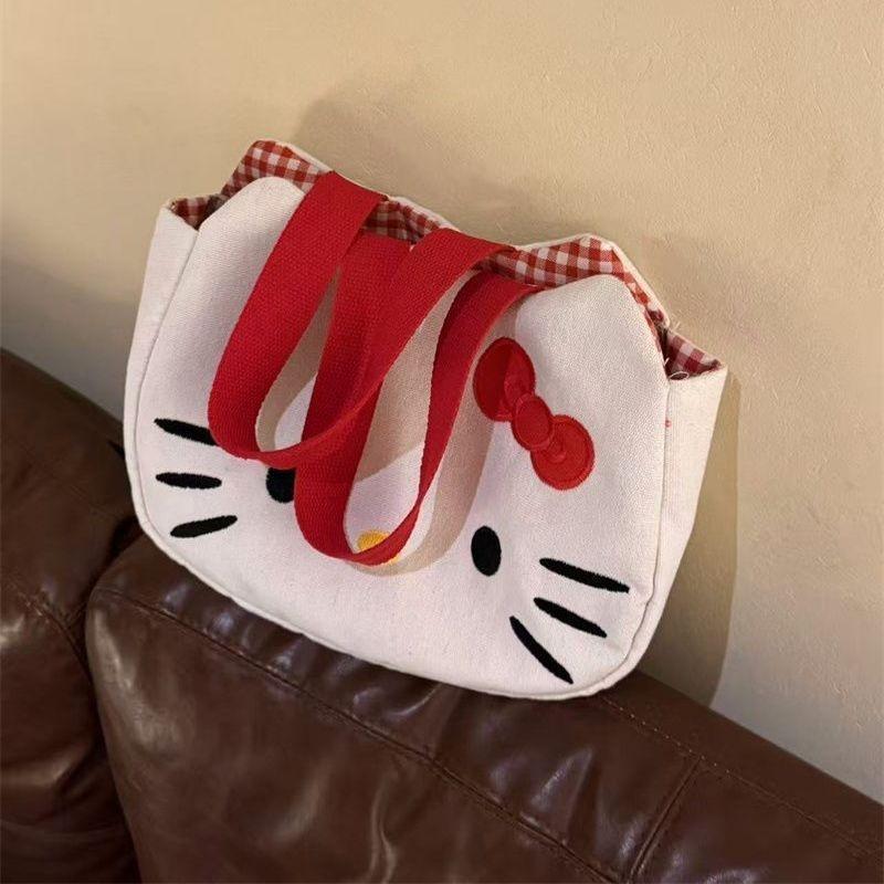 Cute  Kitty Canvas Bag Red Tote Bag Large Capacity Portable Tote Bag Shoulder Handbag Commuting Travel Bag For Daily Use